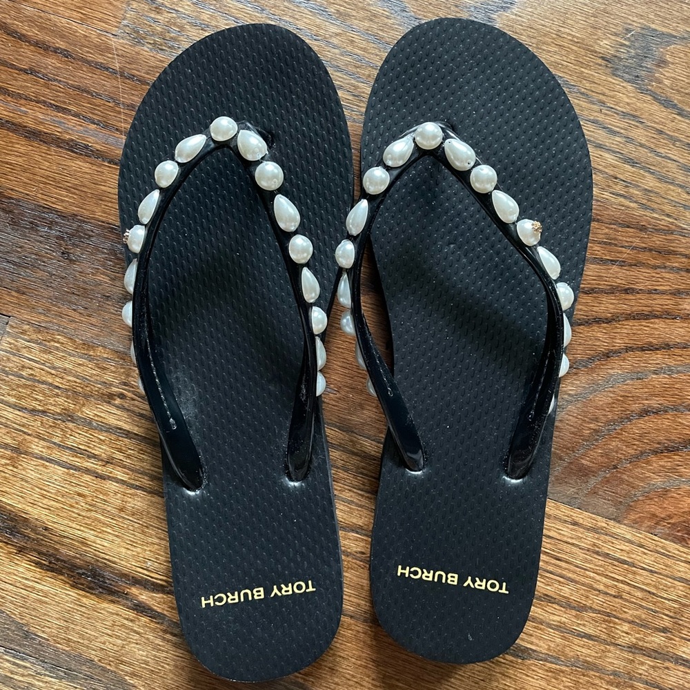 Tory Burch Rubber Pearl Flip Flops - Black